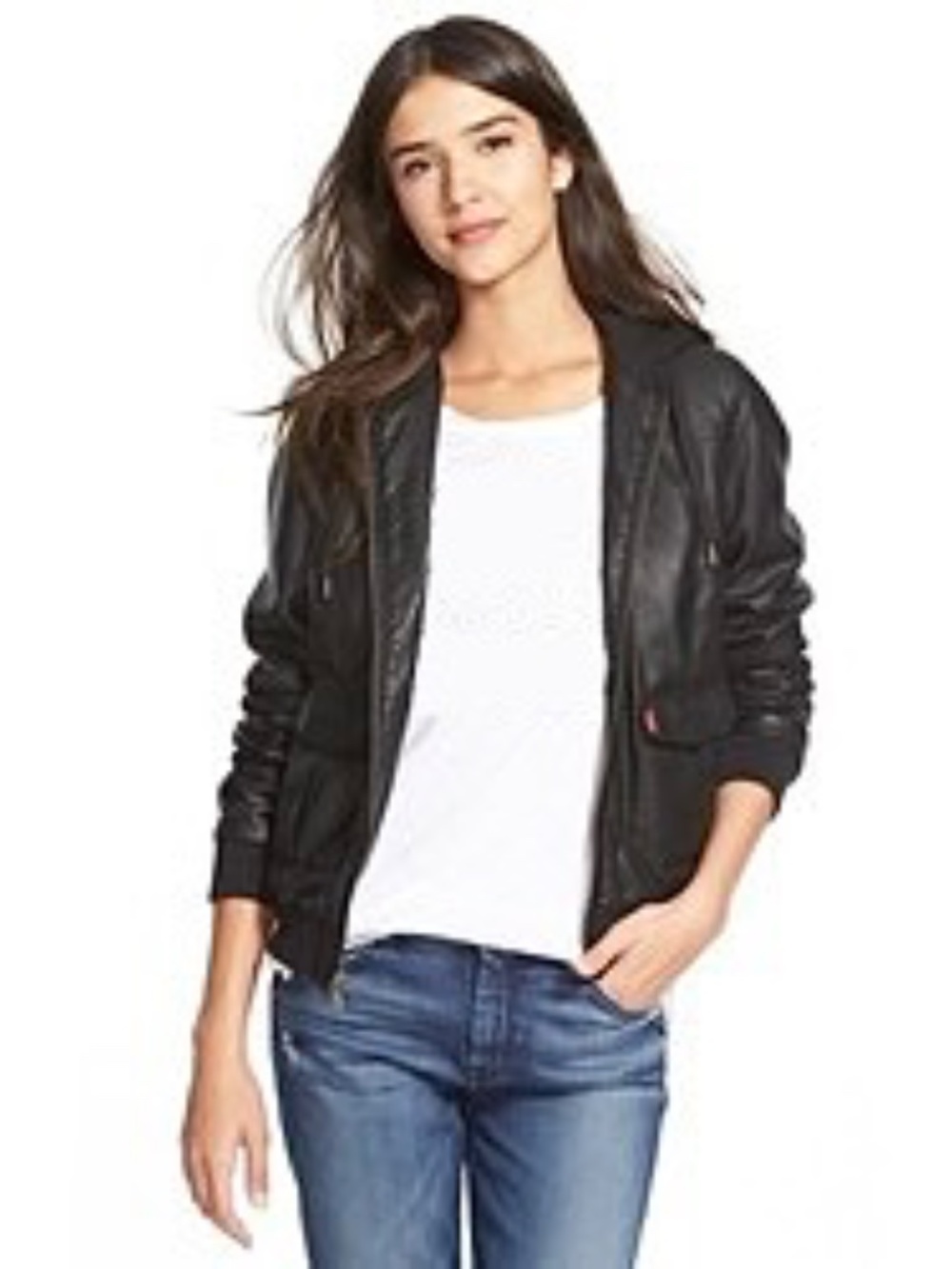 Levi's Faux Leather Bomber Jacket With Jersey Knit Hood Black XL Worn Once